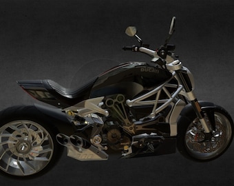 May include: A black and silver Ducati motorcycle with a large engine and a single seat. The motorcycle has a black leather seat and a silver exhaust pipe.