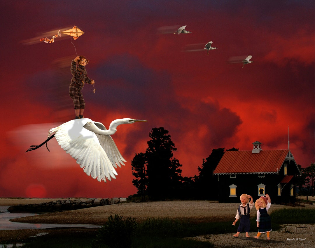 Composite Night Kite Flyer on White Egret. Great for Kids Room Etsy