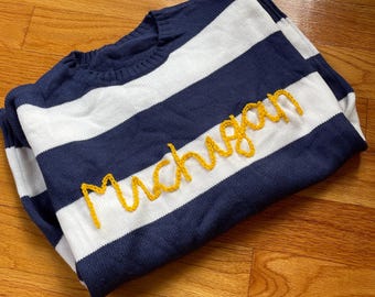 Hand Embroidered Michigan Striped Sweater, Navy & Yellow
