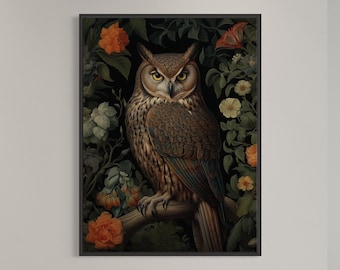 William Morris Inspired Owl Art Print, Botanical Decor
