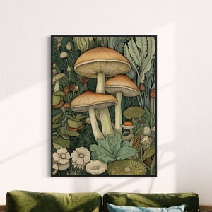 Impresión de arte de setas inspirada en William Morris, impresión de setas, decoración de pared botánica, arte de la sala de estar de la naturaleza del cartel, arte de la pared del bosque, tonos neutros
