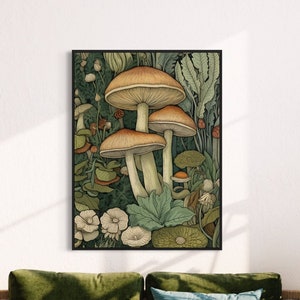 Stampa artistica di funghi ispirata a William Morris, stampa di funghi, decorazione da parete botanica, poster natura soggiorno arte, arte da parete forestale, toni neutri