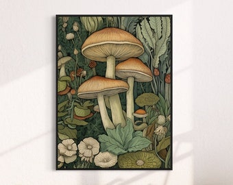 William Morris Inspired Mushroom Art Print,Mushroom Print,Botanical Wall Decor, Poster Nature Living Room Art,Forest Wall Art, Neutral Tones