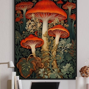 William Morris inspiró la impresión de arte de setas, la impresión de setas, la decoración de la pared botánica, el arte de la sala de estar de la naturaleza del cartel, el arte de la pared del bosque, el arte Moodie