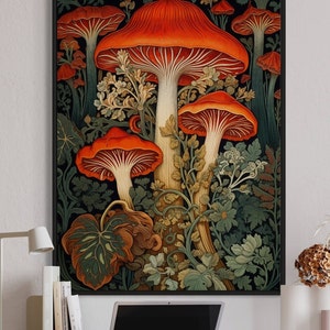 William Morris Inspired Mushroom Art Print, Mushroom Print, Botanical Wall Decor, Poster Nature Living Room Art,Forest Wall Art, Moodie art