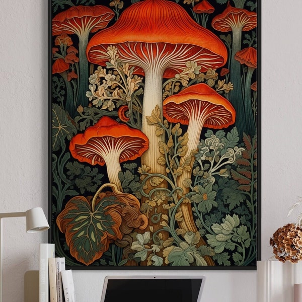 William Morris Inspired Mushroom Art Print, Mushroom Print, Botanical Wall Decor, Poster Nature Living Room Art,Forest Wall Art, Moodie art