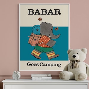 Babar l'elefante, decorazione da parete per cameretta dei bambini, regalo per bambini, illustrazione di arte retrò da parete, stampa, decorazione per cameretta dei bambini, decorazione da parete per camera da letto per bambini, decorazione da parete carina