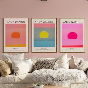 Impresión de Andy Warhol, impresión de puesta de sol de Andy Warhol, conjunto de 3, impresión del museo, cartel de la exposición Andy Warhol cartel impresión de arte pop, arte abstracto de la pared