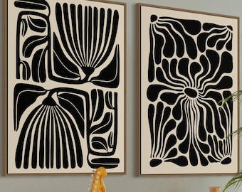 Abstrakt botanisk posterset, beigesvart väggkonst från mitten av århundradet, vintage blommig illustration