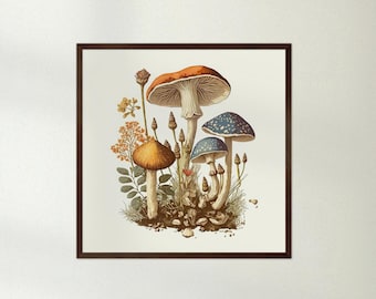 Op de afbeelding: Een vintage botanische illustratie van paddenstoelen in een bruin frame. De illustratie toont vier paddenstoelen met rode, oranje en blauwe hoeden. De paddenstoelen worden omringd door groene bladeren en bruine stelen.