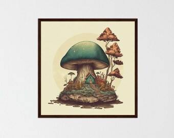 May include: A whimsical illustration of a green mushroom with a small house nestled inside. The mushroom is surrounded by a cluster of trees and a light brown background.