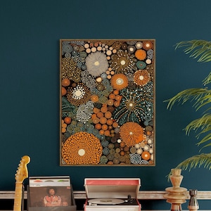 Impresión botánica abstracta, impresión inspirada en Yayoi Kusama, decoración de pared botánica, arte de pared colorido, decoración de pared de sala de estar, cartel abstracto