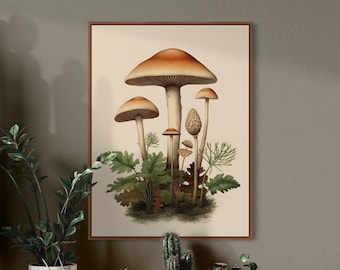 Vintage Mushroom Print | Botanical Fungi Painting, Cottagecore Wall Decor