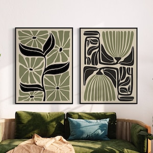 Conjunto de carteles botánicos abstractos de 2, arte de pared negro verde salvia, impresión botánica de mediados de siglo, arte floral, decoración vintage de carteles botánicos