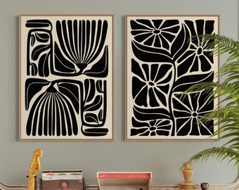 Abstrakt blommönster: Beige & svart modern konst från mitten av århundradet (digital nedladdning)