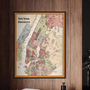 Oude kaart van New York City, vintage kaart, antieke kaart, Manhattan, Brooklyn, Bronx retro kaart NYC, kaart decor, typografie kunst, kunst aan de muur Boho