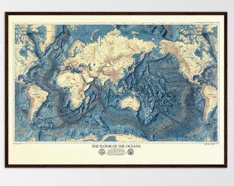 Ocean floor map art scientific print map vintage map ocean wall decor geology art gift for office