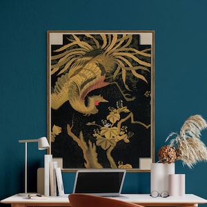 Green and Gold Japanese Bird Print: Vintage Eclectic Wall Art