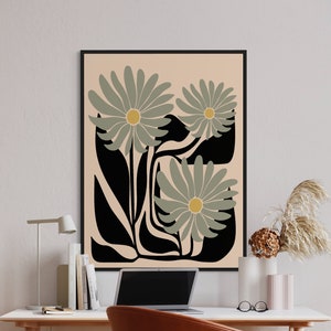 Estampado floral verde salvia, arte mural botánico retro