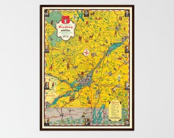 May include: A framed vintage map of Reading, Montreal, with a yellow backdrop and green and blue waterways. The map includes illustrations of people and landmarks, with text that reads "Reading Montreal". The frame is dark brown.
