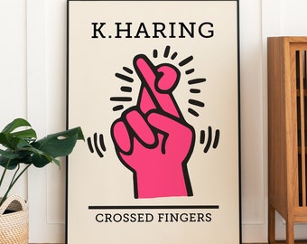 Keith Haring Crossed Fingers Wall Art Print, Colourful Modern Art Poster, Pink Exhibition Print, Famous Artist Print, Gallery Wall Home