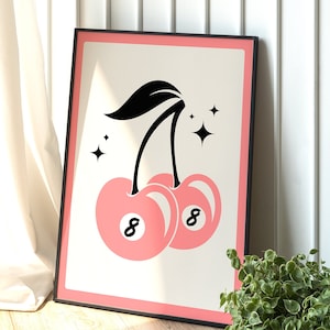Kersen kunst aan de muur, roze muur kunst, speelkaart print, trendy kunst aan de muur, slaapzaal decor, retro poster, esthetische wand decor, 8 bal