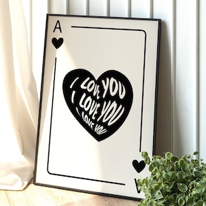 Stampa asso di cuori, arte della parete in bianco nero, stampa di carte da gioco, arte della parete alla moda, arredamento del dormitorio, poster retrò, decorazione della parete estetica, stampa d'amore