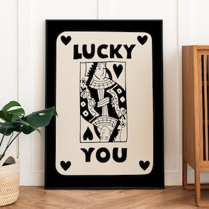 Fortunato te arte da parete, arte da parete in bianco nero, stampa di carte da gioco, arte da parete alla moda, arredamento dormitorio, poster retrò, decorazione da parete estetica, arte da parete funky