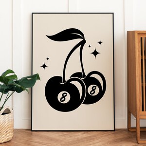 Art mural cerises, art mural noir blanc, impression de cartes à jouer, art mural tendance, décor de dortoir, affiche rétro, décoration murale esthétique, 8 balles chanceuses