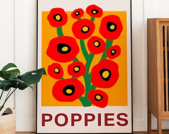 Estampado de flores de amapola, arte mural botánico, decoración de moda