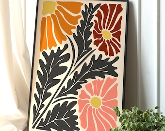 Impresión de arte floral moderno de mediados de siglo, decoración de pared botánica colorida