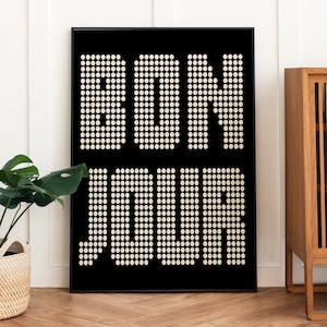 Bonjour wall print, typography wall art, Retro wall art, entry way decor, apartment decor, boho wall decor, cute prints, quote poster