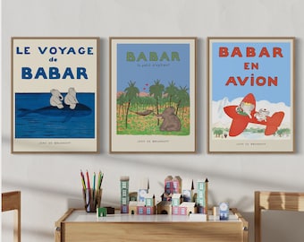 Babar the elephant print set of 3, nursery decor,  retro wall art illustration print nursery decor quote wall art neutral gender baby gift