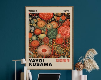 May include: A vintage poster with a colorful abstract design of red, orange, yellow, green, and blue circles and dots. The poster is titled "Yayoi Kusama" and features the text "Tokyo 1998" and "草間彌生".