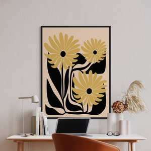 Abstract Botanical print, minimal art, yellow flowers, botanical wall decor neutral flower print art floral  botanical poster retro flower