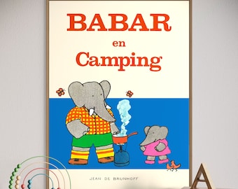 Babar the Elephant Camping Print, Retro Nursery Decor