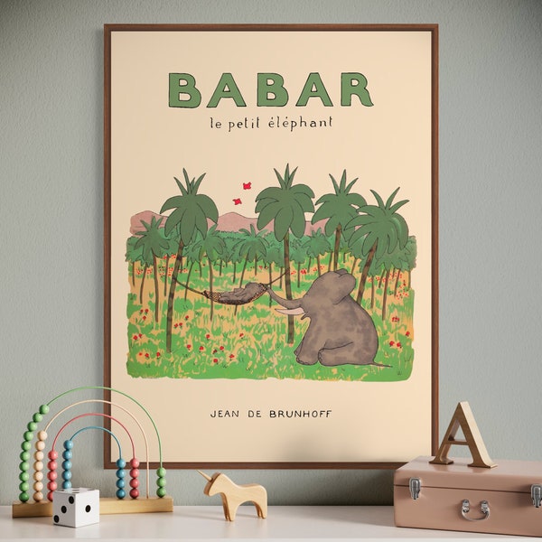 Babar le décor mural d’éléphant, art mural imprimable, décor de crèche, cadeau pour enfants, illustration imprimée décor de crèche neutre genre cadeau de bébé