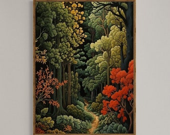 William Morris-inspirerat skogstryck: Botanisk Cottagecore-konst (digital nedladdning)