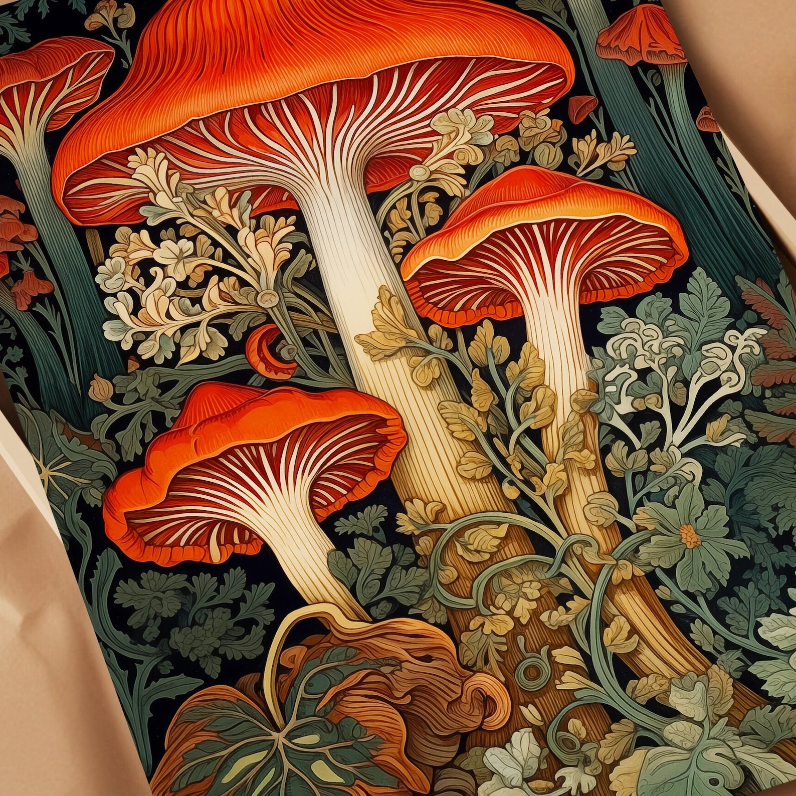 William Morris Inspired Mushroom Art Print, Mushroom Print, Botanical ...