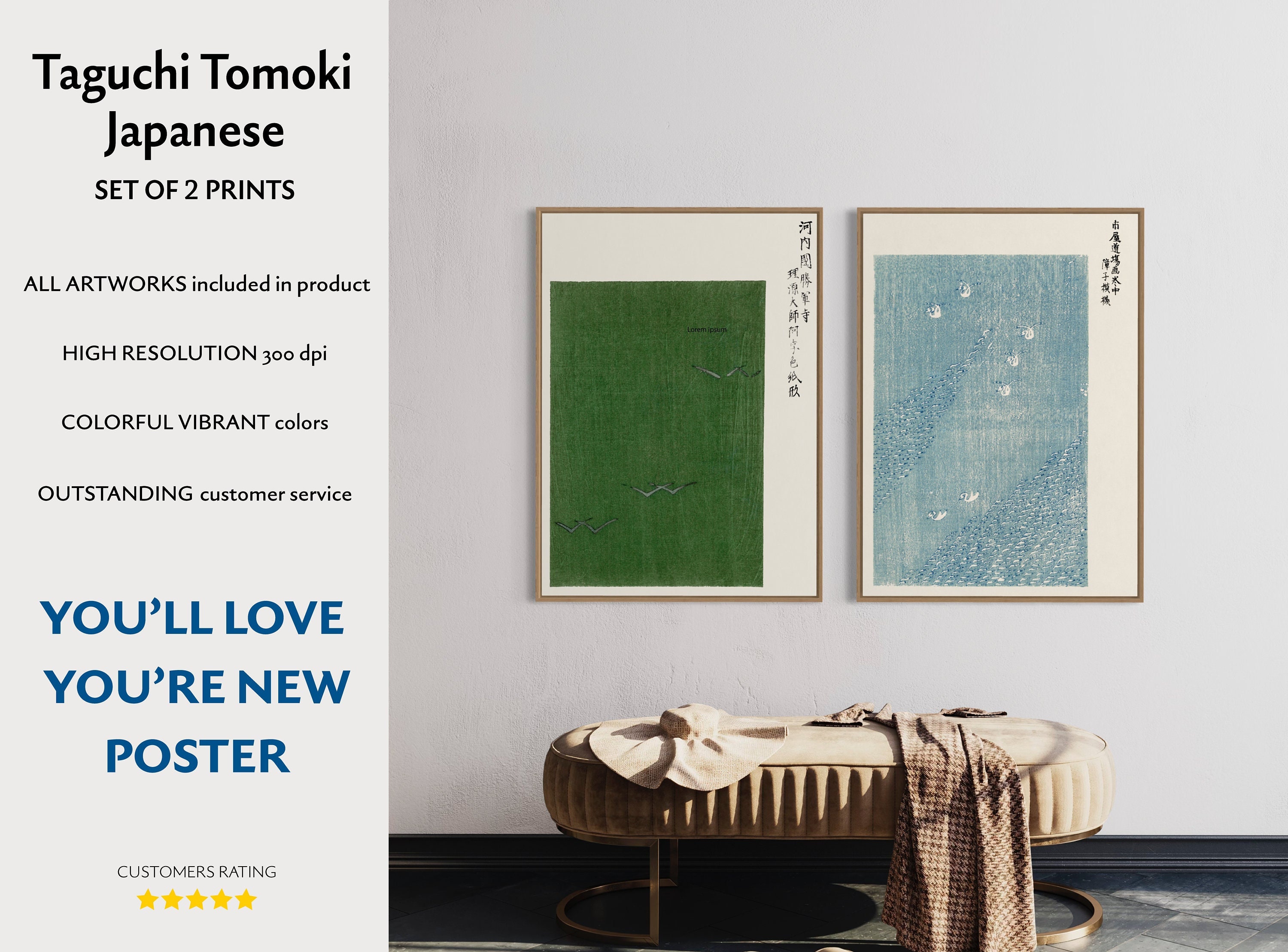 Vintage Japanese set of 2 prints, Taguchi Tomoki, woodblock print, Japanese Art Print, Japanese Woodblock Poster Print, Japanese minimal art