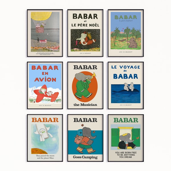 Babar la decoración de la pared del elefante, juego de guardería de 9, todo el arte imprimible, decoración de la guardería, decoración de la guardería de la pared del dormitorio de los niños, regalo de bebé de género neutro