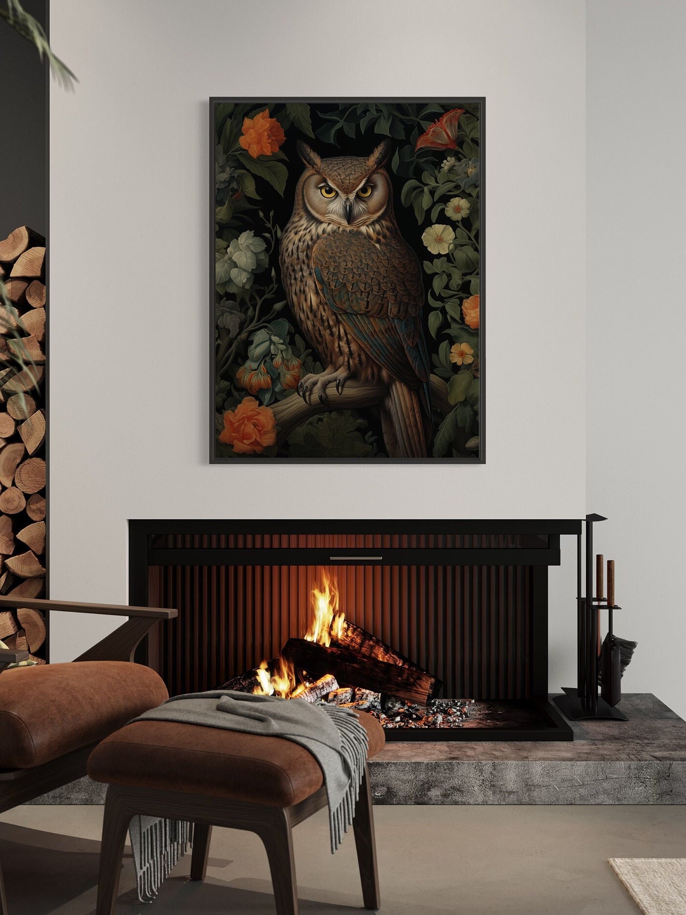 William Morris Inspired Owl Print, Print,Botanical Wall Decor, Poster Nature Living Room Art Forest 