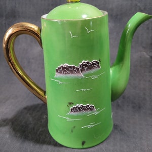 Antique Moriyama Mori-machi Japan Green and Gold Landscape Teapot