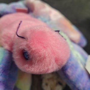 May include: A close-up of a pink plush toy butterfly with blue eyes and black antennae. The butterfly is made of soft, fuzzy material. The wings are a mix of pastel colours.