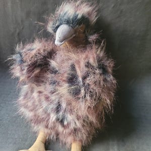 May include: A plush bird toy with a fluffy, multi-toned body in shades of brown, gray, and black. It has a gray beak and tan feet with black claws. The toy is designed to resemble a baby bird.