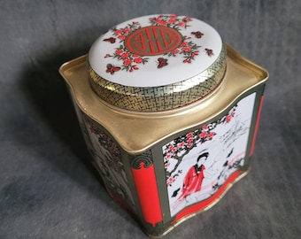 Vintage Lovely Cheong Hing Tea Co. Ltd. Tin, Jasmine Tea Tin, Hong Kong, prachtige graphics, prachtige vintage staat