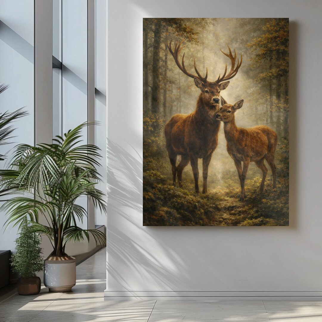 Deer Wall Art Print, Woodland Forest Art, Stag and Doe Painting, Rustic ...