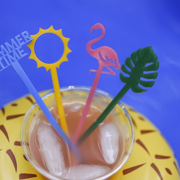 SET OF 4-  Summertime Drink Stirrers-flamingo drink stirrer - Monstera leaf-Sunmer Drink Stirrers- Drink Tags