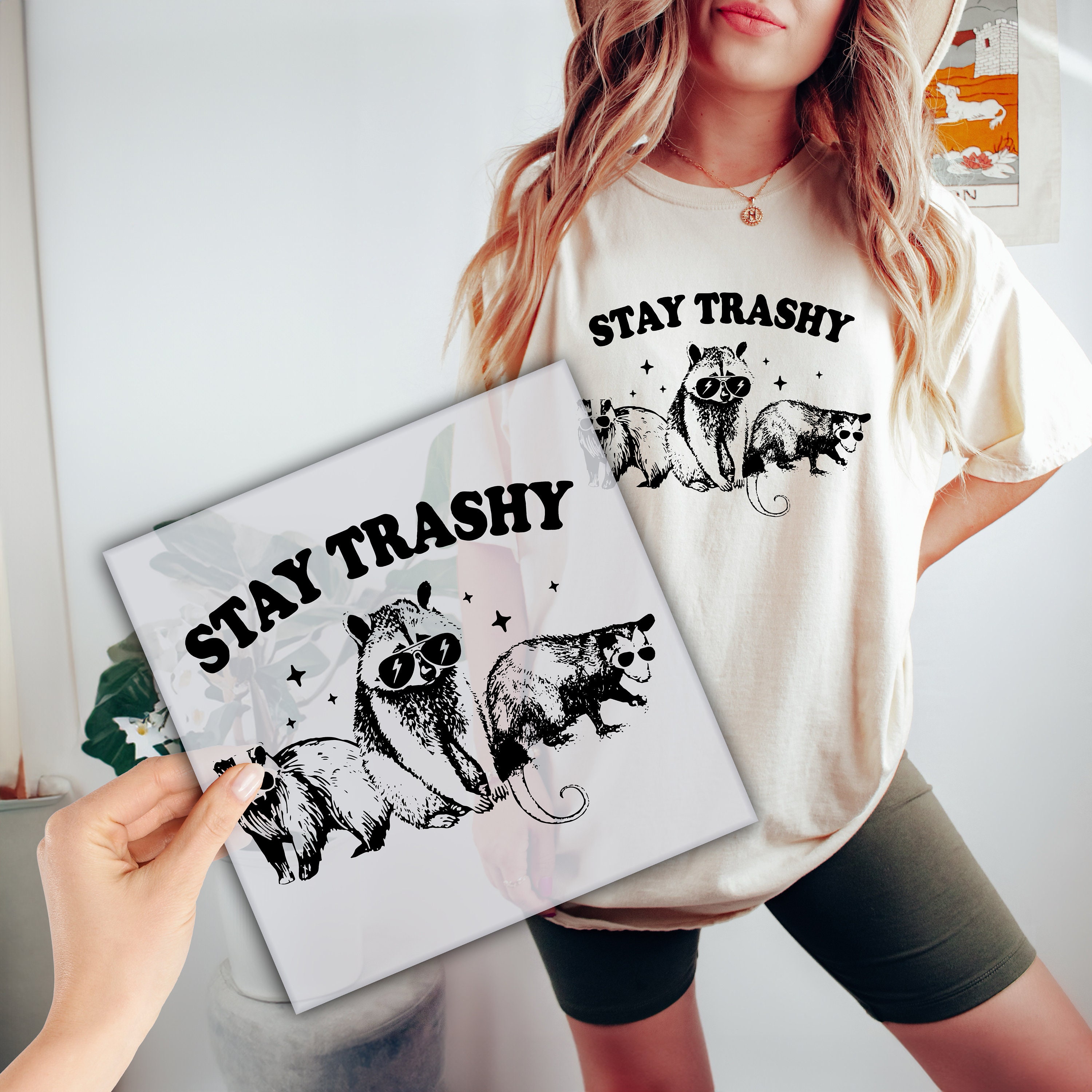 Vintage Raccoon Ready to Press, Stay Trashy DTF Transfer, High Quality, Funny Opossum Heat Transfer, Funny Skunk Direct to Film P048