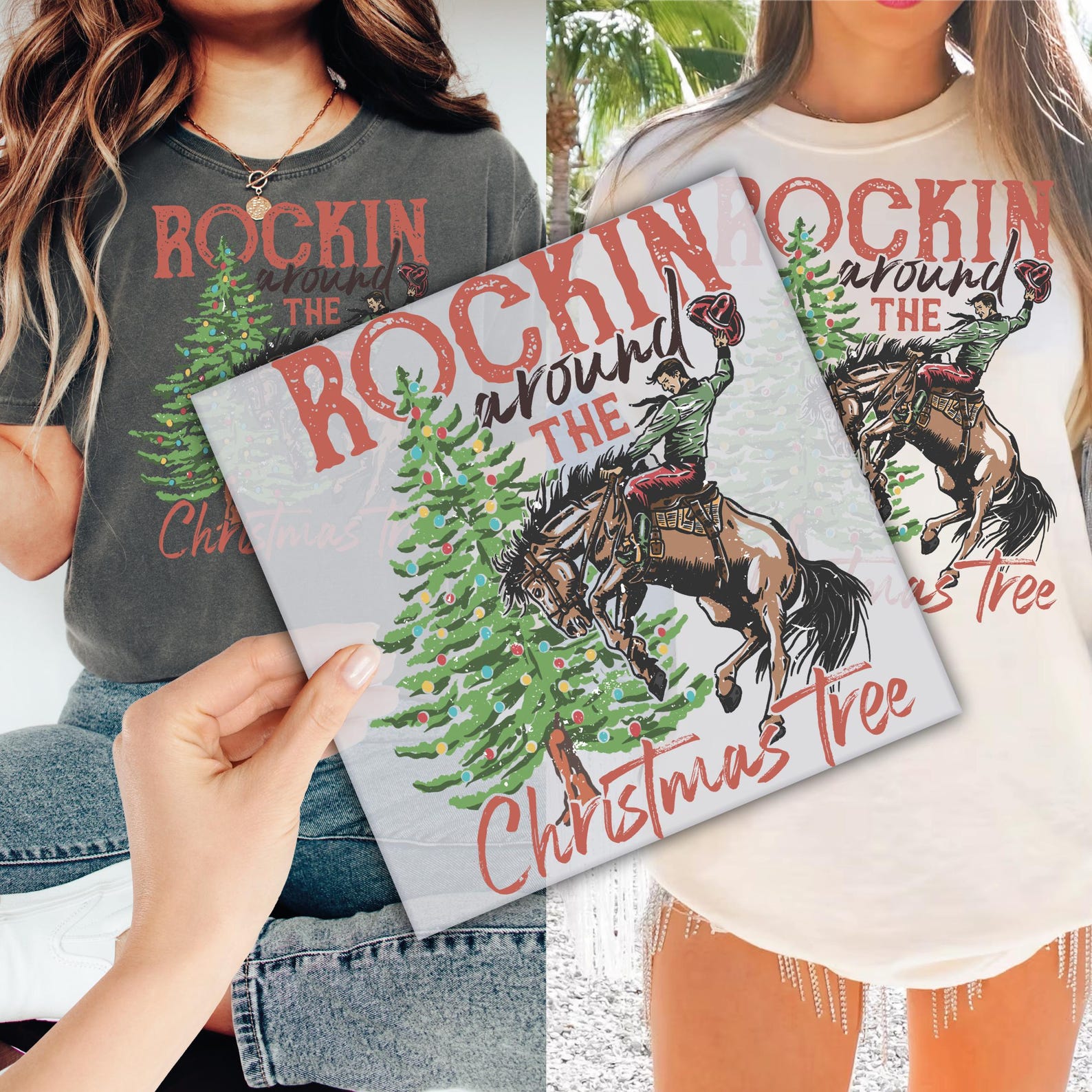 Rockin Around the Christmas Tree Heat Press, Country Christmas DTF